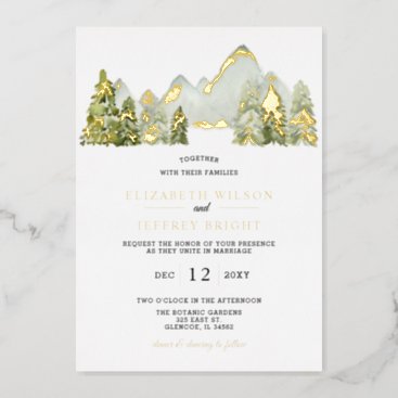 Rustic Watercolor Mountains Pine Winter Wedding Foil Invitation