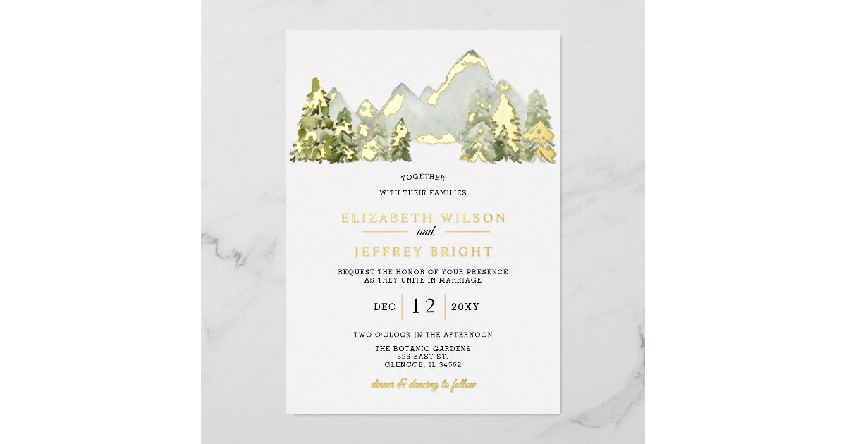 Rustic Watercolor Mountains Pine Winter Wedding Foil Invitation | Zazzle