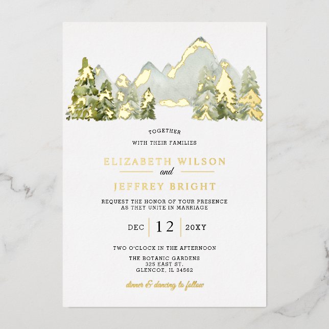 Rustic Watercolor Mountains Pine Winter Wedding Foil Invitation (Front)