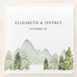 Rustic Watercolor Mountains Pine Winter Wedding  Glass Coaster