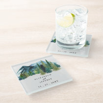 Rustic Watercolor Mountains Pine Winter Wedding   Glass Coaster