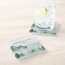 Rustic Watercolor Mountains Pine Winter Wedding  Glass Coaster