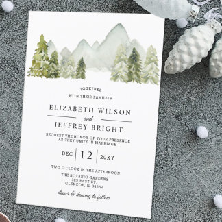 Rustic Watercolor Mountains Pine Winter Wedding Invitation