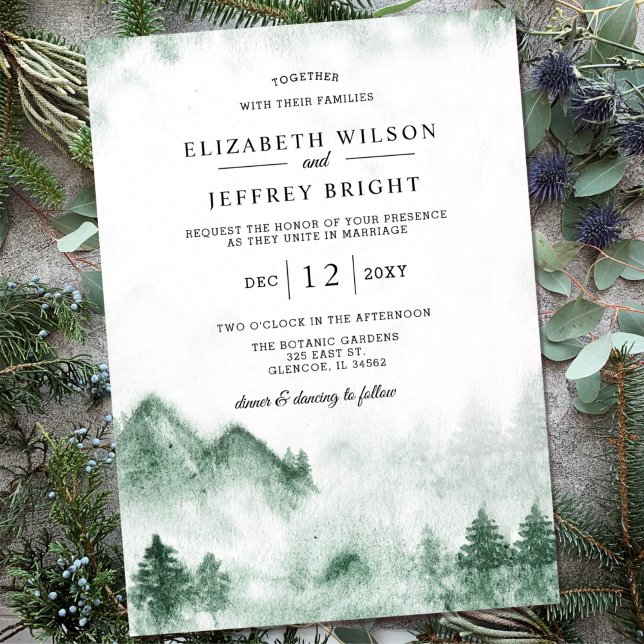 Rustic Watercolor Mountains Pine Winter Wedding  Invitation (Creator Uploaded)