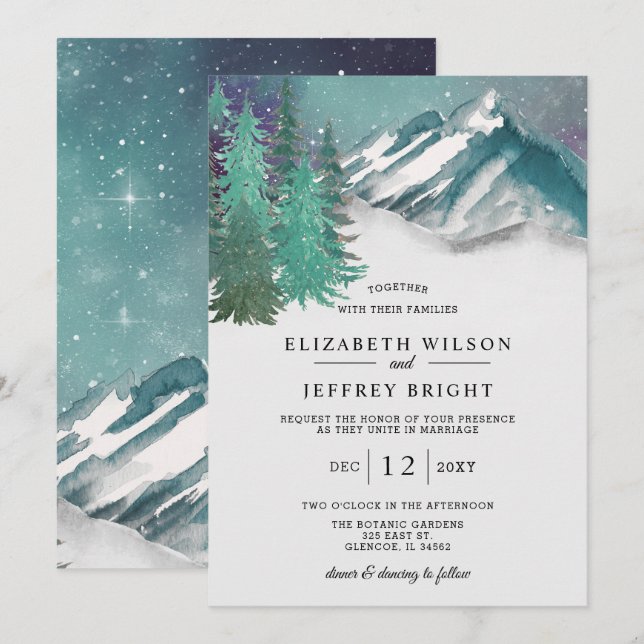 Rustic Watercolor Mountains Pine Winter Wedding Invitation (Front/Back)