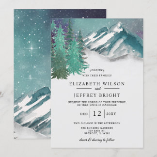 Rustic Watercolor Mountains Pine Winter Wedding Invitation
