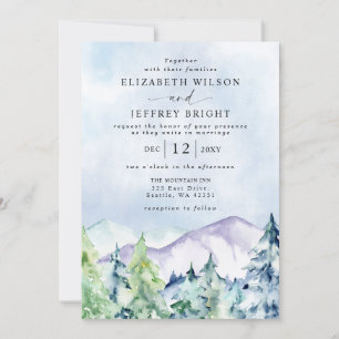 Rustic Watercolor Mountains Pine Winter Wedding Invitation