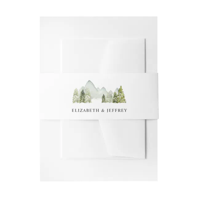 Rustic Watercolor Mountains Pine Winter Wedding Invitation Belly Band ...