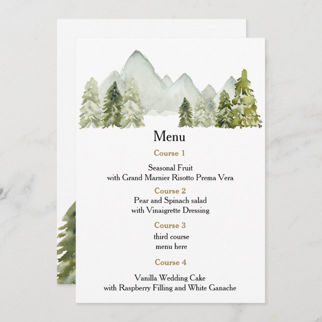 Rustic Watercolor Mountains Pine Winter Wedding Menu (Front/Back)
