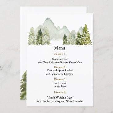 Rustic Watercolor Mountains Pine Winter Wedding Menu