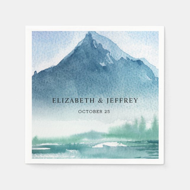 Rustic Watercolor Mountains Pine Winter Wedding Na Napkins (Front)