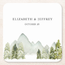 Rustic Watercolor Mountains Pine Winter Wedding Na Square Paper Coaster