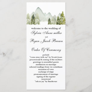 Rustic Watercolor Mountains Pine Winter Wedding Program
