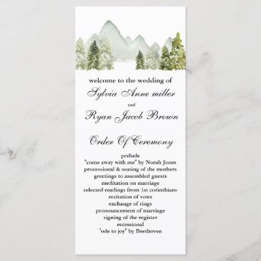 Rustic Watercolor Mountains Pine Winter Wedding Program