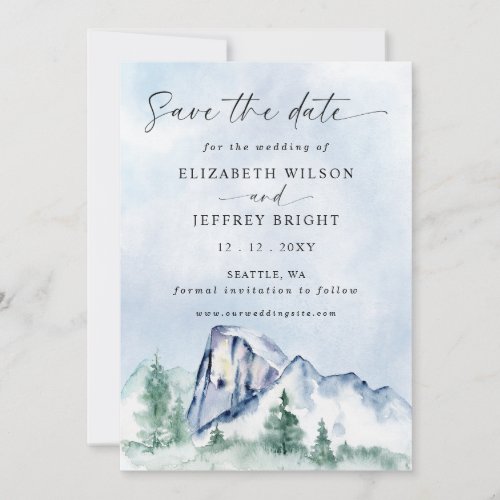 Rustic Watercolor Mountains Pine Winter Wedding Save The Date