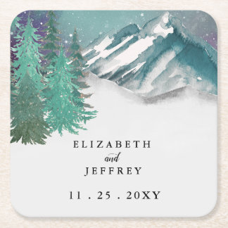 Rustic Watercolor Mountains Pine Winter Wedding Square Paper Coaster