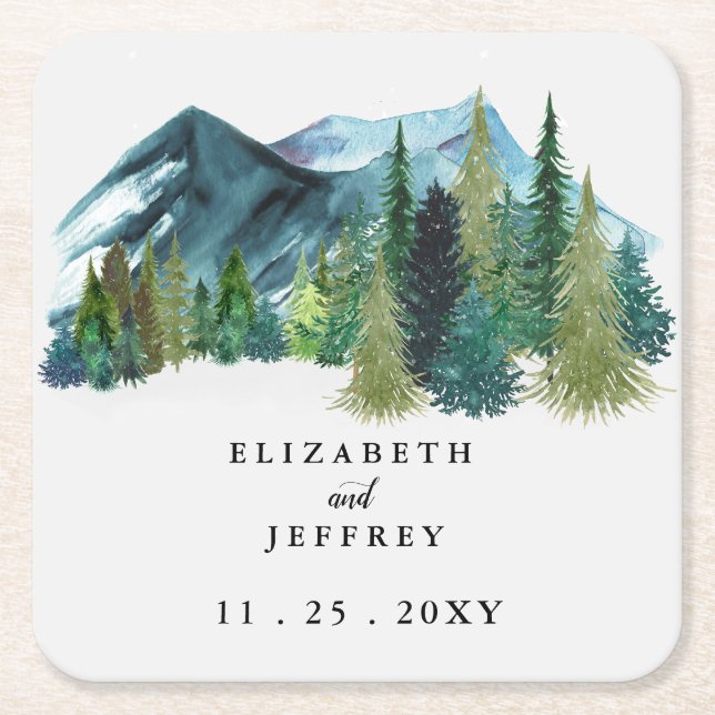 Rustic Watercolor Mountains Pine Winter Wedding    Square Paper Coaster (Front)