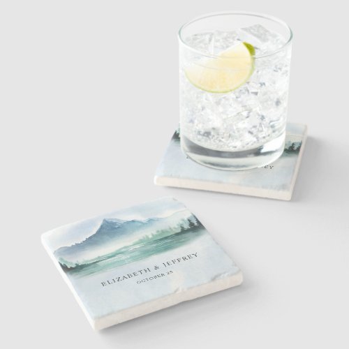 Rustic Watercolor Mountains Pine Winter Wedding Stone Coaster