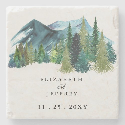 Rustic Watercolor Mountains Pine Winter Wedding   Stone Coaster