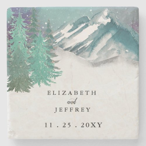 Rustic Watercolor Mountains Pine Winter Wedding   Stone Coaster