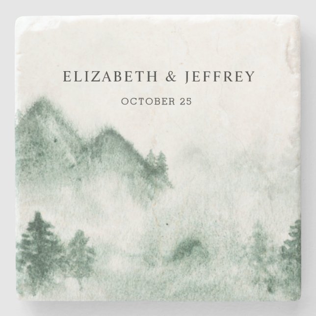 Rustic Watercolor Mountains Pine Winter Wedding  Stone Coaster (Front)