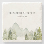 Rustic Watercolor Mountains Pine Winter Wedding Stone Coaster at Zazzle