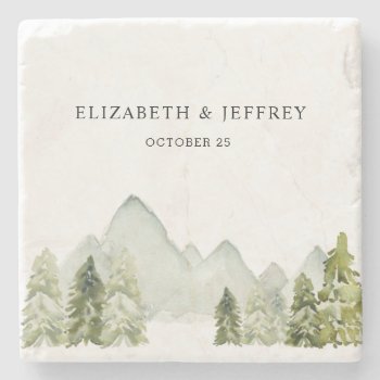 Rustic Watercolor Mountains Pine Winter Wedding Stone Coaster by blessedwedding at Zazzle