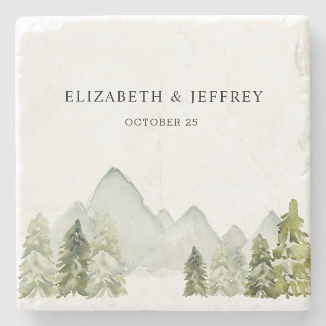 Rustic Watercolor Mountains Pine Winter Wedding Stone Coaster