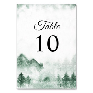 Rustic Watercolor Mountains Pine Winter Wedding Table Number