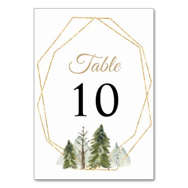 Rustic Watercolor Mountains Pine Winter Wedding Table Number
