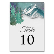 Rustic Watercolor Mountains Pine Winter Wedding   Table Number