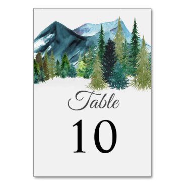 Rustic Watercolor Mountains Pine Winter Wedding   Table Number