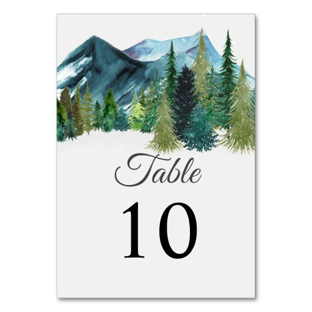 Rustic Watercolor Mountains Pine Winter Wedding   Table Number (Front)