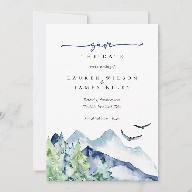 Rustic Watercolor Mountains Save the Date Card (Front)