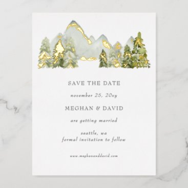 Rustic Watercolor Mountains  Save The Date Foil Invitation Postcard