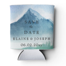 Rustic Watercolor Mountains Save The Date Photo Can Cooler