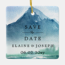Rustic Watercolor Mountains Save The Date Photo Ceramic Ornament