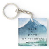 Rustic Watercolor Mountains Save The Date Photo Keychain