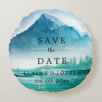 Rustic Watercolor Mountains Save The Date Photo Round Pillow