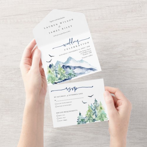 Rustic Watercolor Mountains Wedding  All In One Invitation