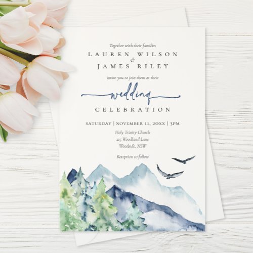 Rustic Watercolor Mountains Wedding Invitation