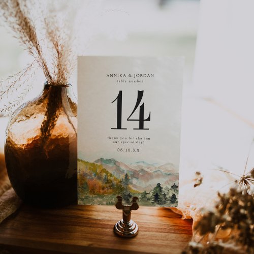 Rustic Watercolor Mountains Wedding Table Number