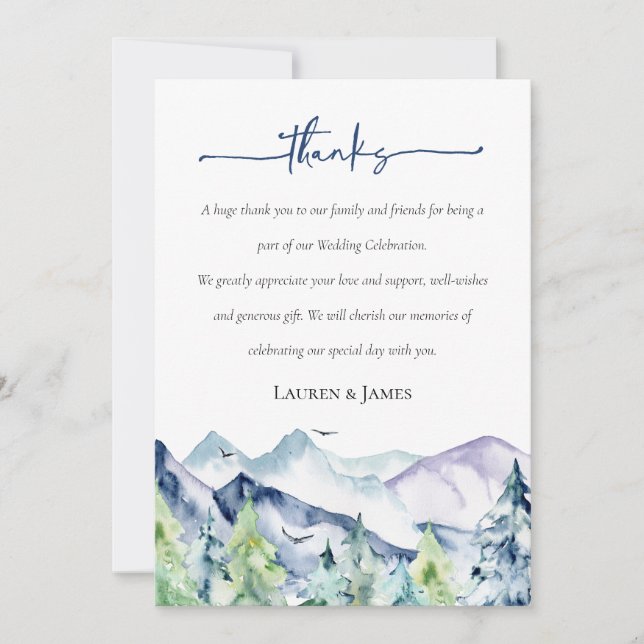 Rustic Watercolor Mountains Wedding Thank You Card (Front)