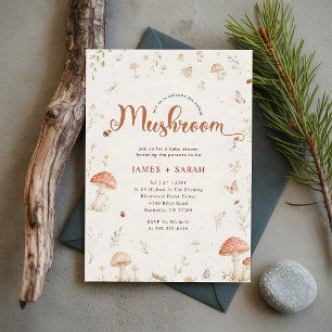 Rustic Watercolor Mushroom Bee Baby Shower Invitation