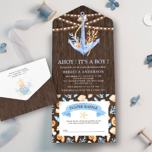 Rustic Watercolor Nautical Anchor Wood Baby Shower All In One Invitation