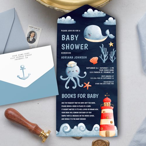 Rustic Watercolor Nautical Navy Blue Baby Shower All In One Invitation