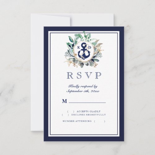 Rustic Watercolor Navy Anchor Greenery Wreath RSVP Card