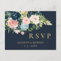 Rustic Watercolor Navy Blush Gold Floral RSVP Invitation Postcard