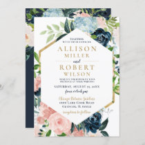 Rustic Watercolor Navy Blush Gold Floral Wedding I Invitation