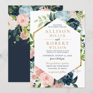 Rustic Watercolor Navy Blush Gold Floral Wedding I Invitation